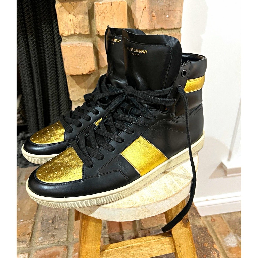 Saint Laurent Paris SL/10H Men's High Top Leather Sneakers Black/Gold Lace Up